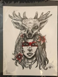 a drawing of a woman with a deer head on her head