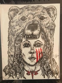 a drawing of a woman wearing a bear hat