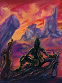 a painting of a woman sitting on a log at sunset