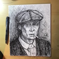 a drawing of a man with a hat and cigarette