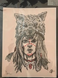 a drawing of a woman with a wolf on her head